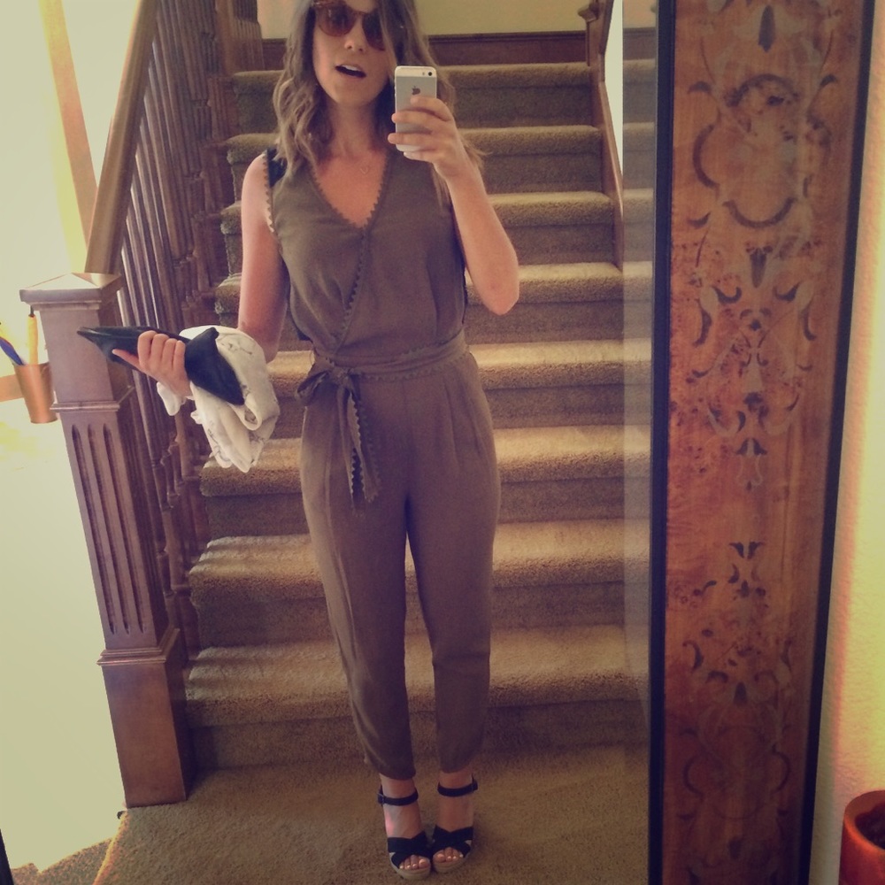 Olive jumpsuit with black lace back